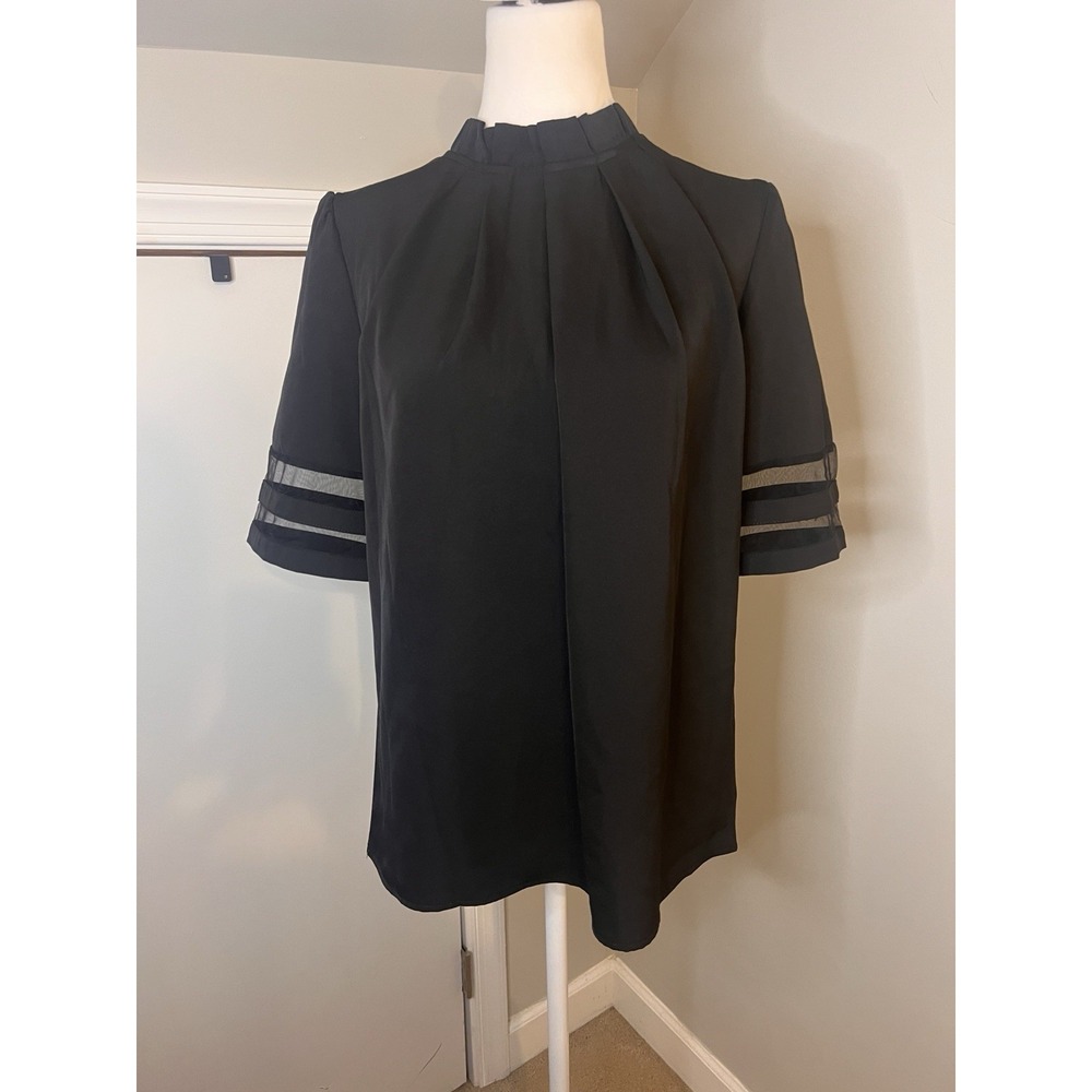 Oozee black short-sleeve blouse high pleated collar and sheer mesh stripe M